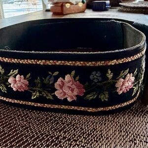Laura Ashley Black Belt with Pink Floral Embroidery
